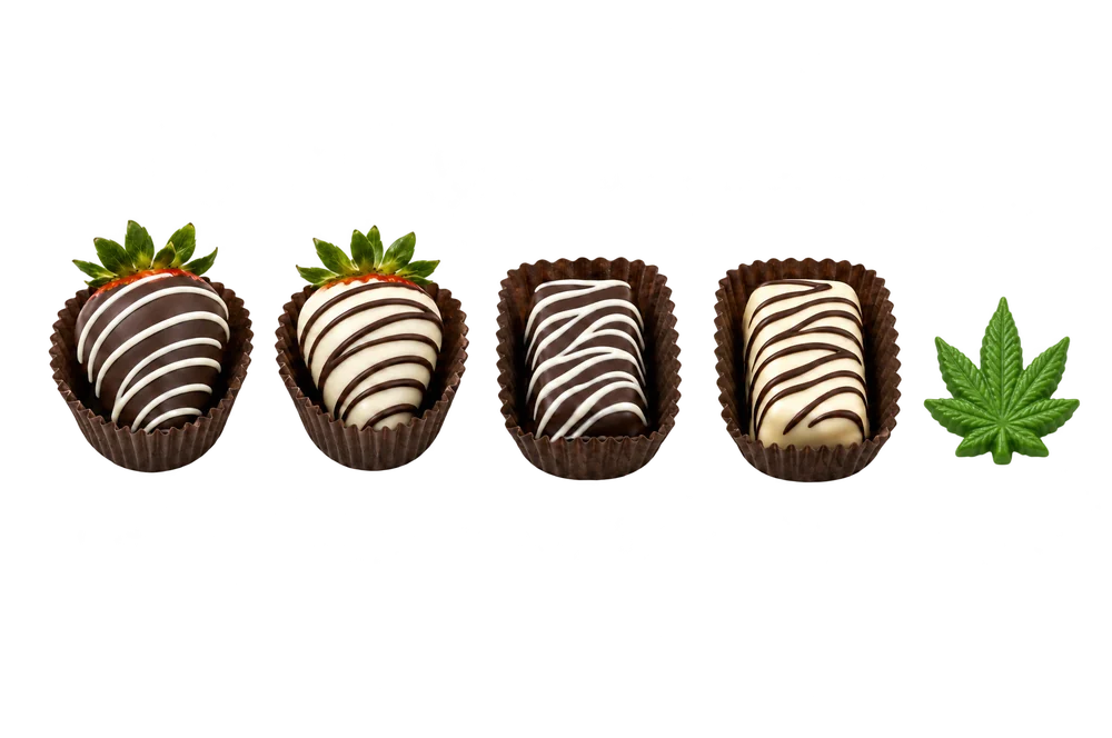 Chocolate-dipped strawberries and bars in a row on white.